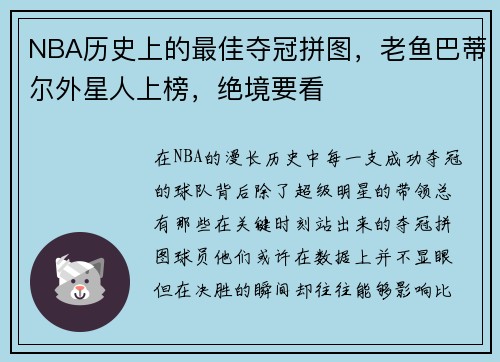 NBA历史上的最佳夺冠拼图，老鱼巴蒂尔外星人上榜，绝境要看