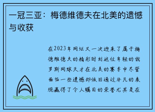 一冠三亚：梅德维德夫在北美的遗憾与收获