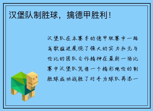 汉堡队制胜球，擒德甲胜利！