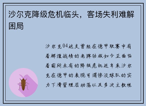 沙尔克降级危机临头，客场失利难解困局